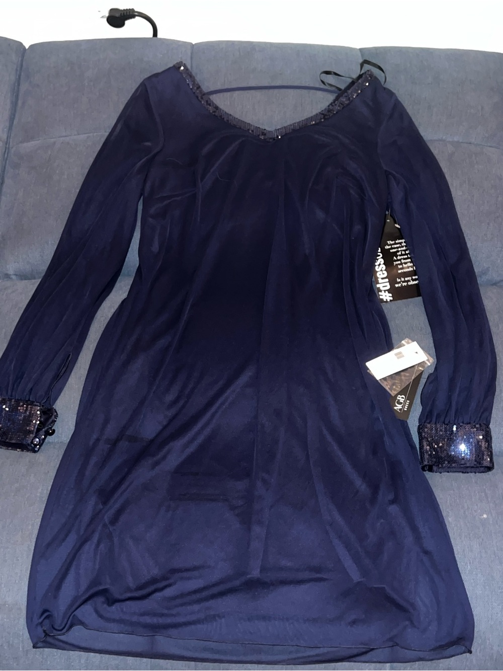 AGB Navy Blue Long-Sleeve Dress with Sequin Trim